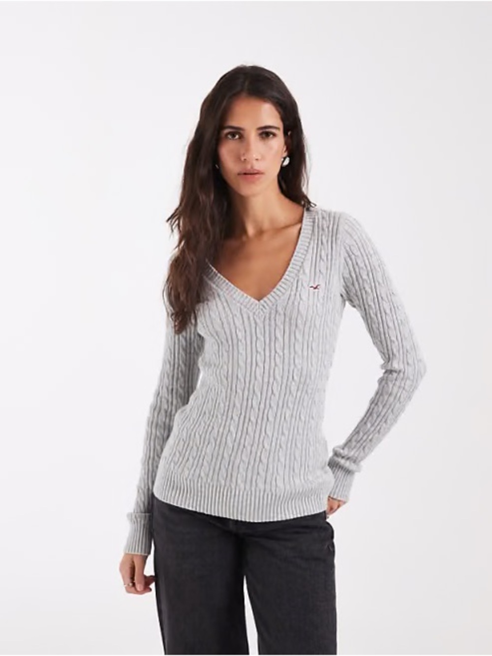 Hollister Light Gray Cable-Knit V-Neck Sweater